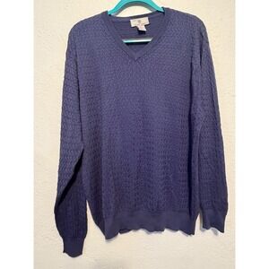 Bobby Chan Mens Blue Silk Cotton V-Neck Textured Knit Sweater Large